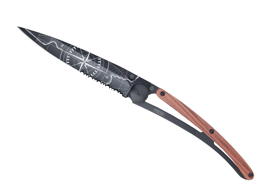 Deejo Serration Folding Knife, Black Coralwood Terra Incognita