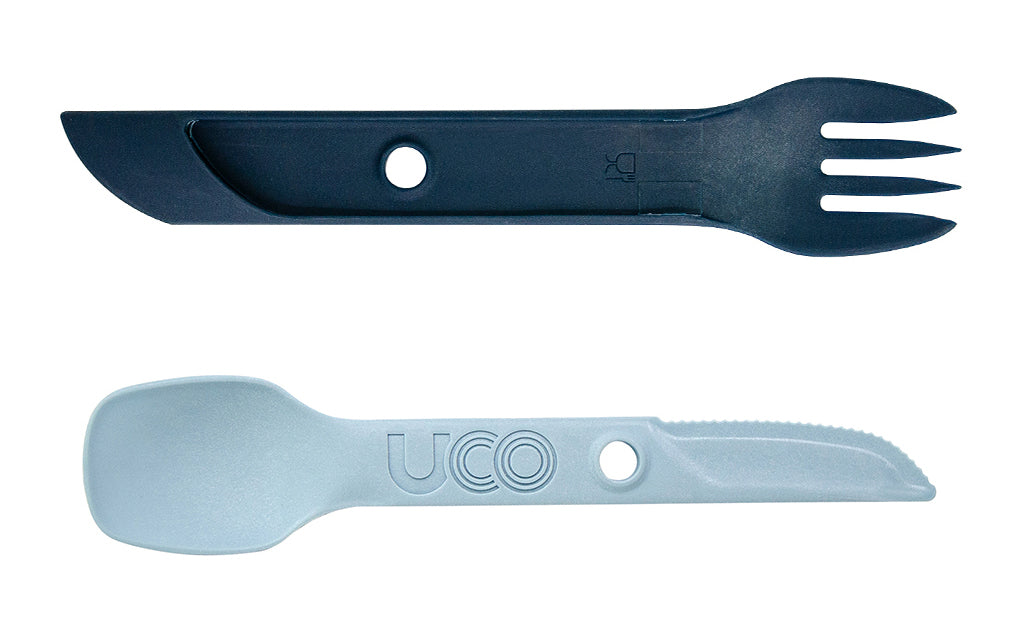 UCO Switch Expandable Nylon Utensil Set with Attachment Loop and Spork Fork Holder, Stone Blue