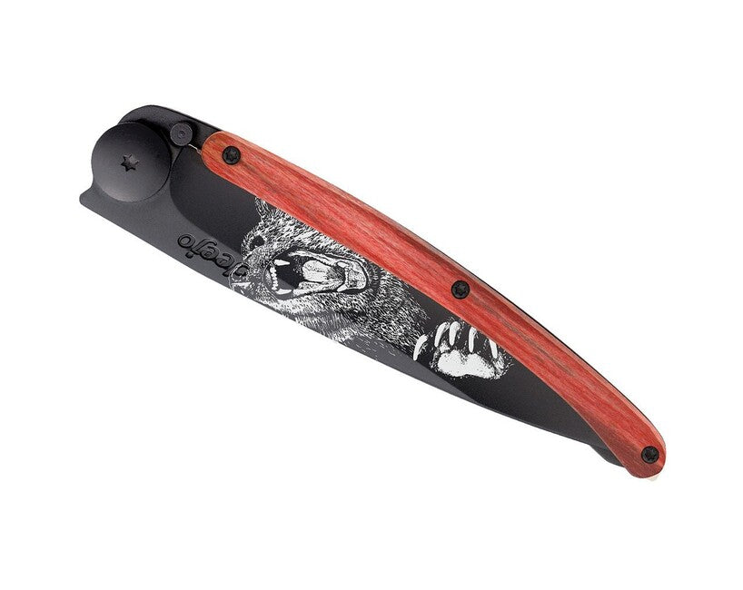Deejo Tattoo Folding Knife, Black Red Beech Grizzly