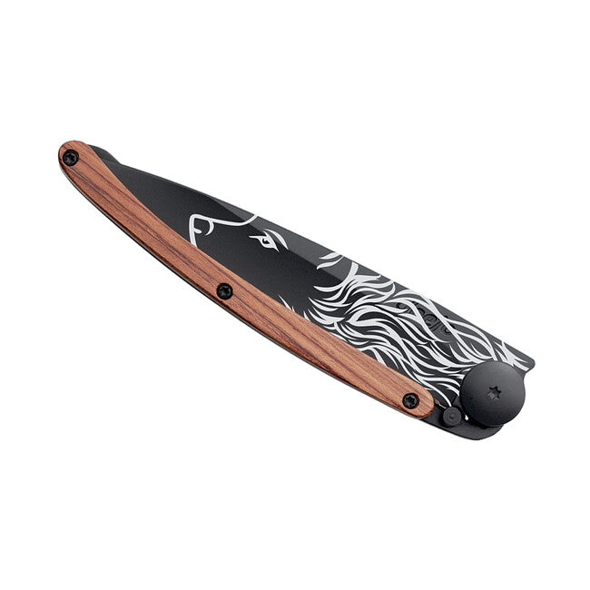 Deejo Black Tattoo Coralwood Wolf Folding Knife