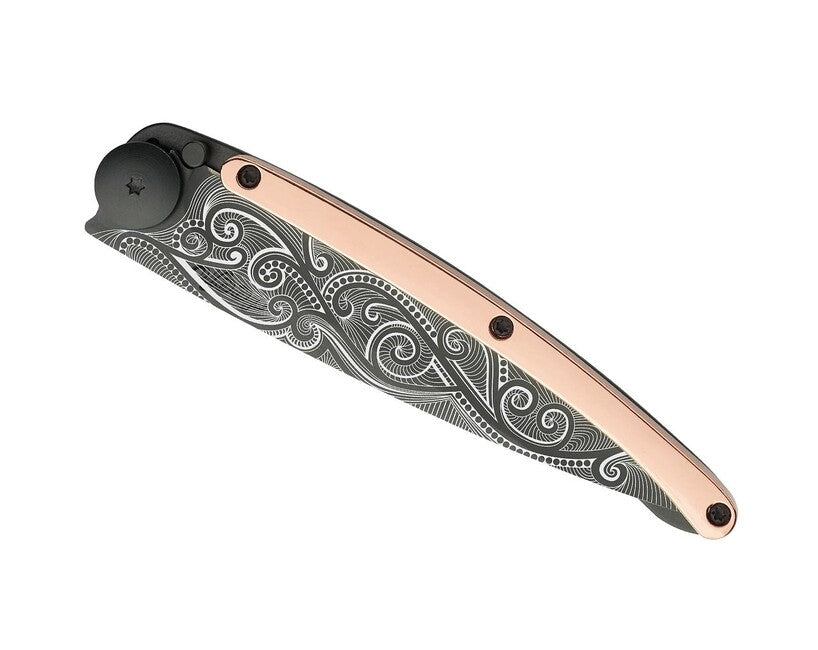 Deejo Tattoo Folding Knife, 18kt Pink Gold Pacific