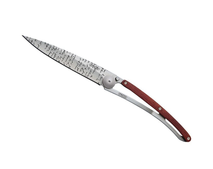 Deejo Tattoo Folding Knife, Coralwood Manuscript