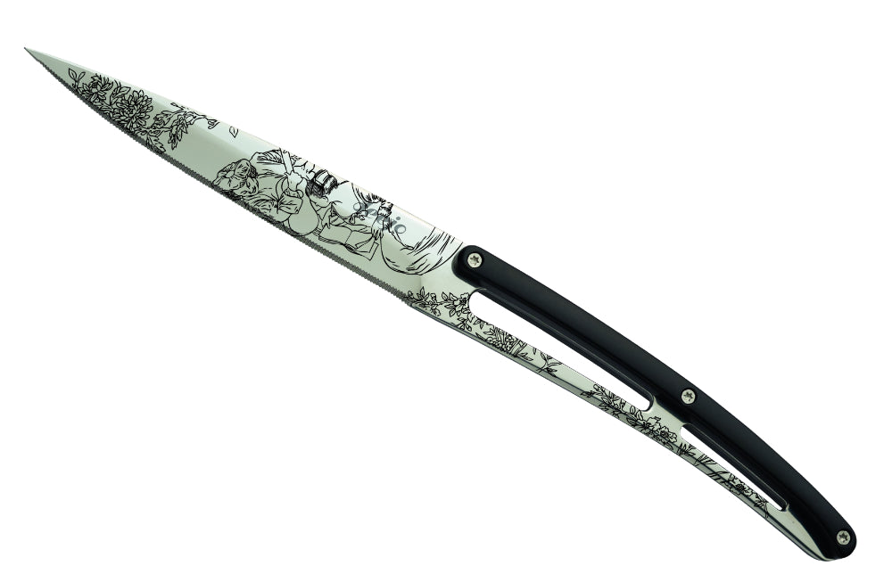 Deejo 6-Piece Steak Knife Set, Glossy Blade Serrated Edge Black ABS Handle Toile de Jouy Design