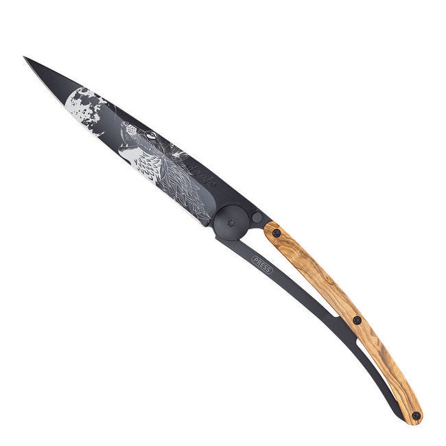 Deejo Howling schließmesser, schwarzes tattoo, olive wood
