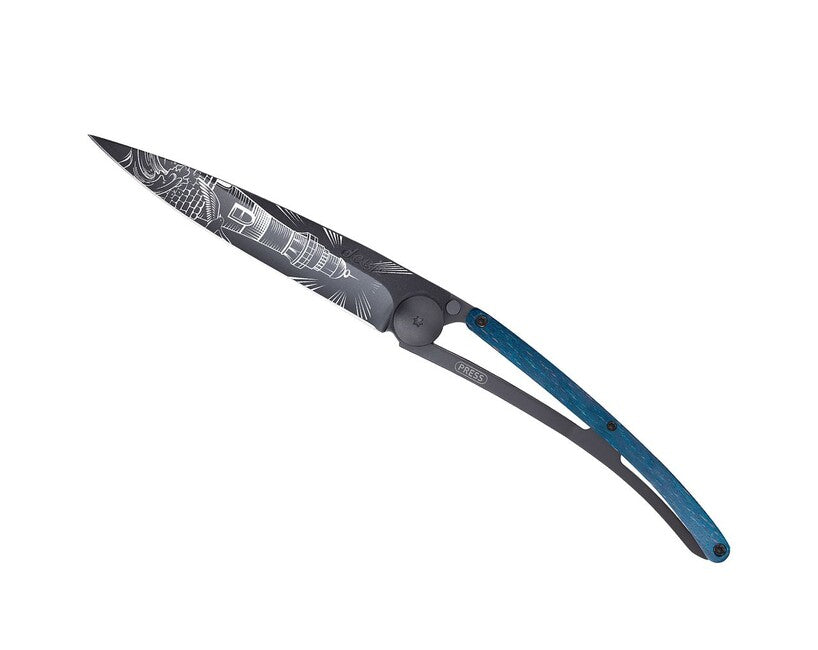Deejo Tattoo Folding Knife, Black Blue Beech Lighthouse