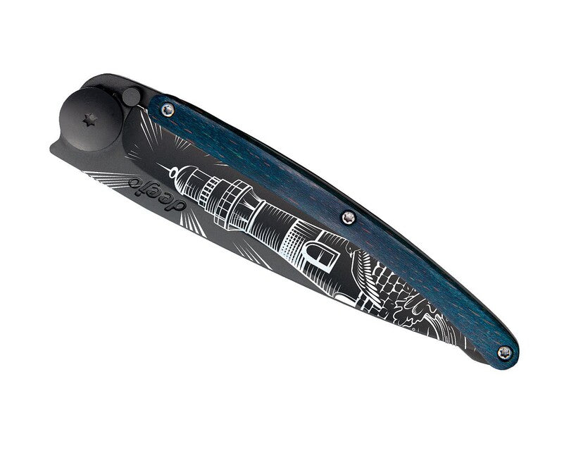 Deejo Tattoo Folding Knife, Black Blue Beech Lighthouse