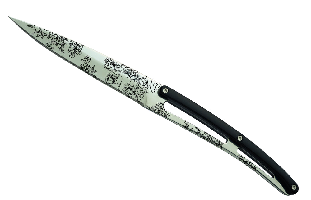 Deejo 6-Piece Steak Knife Set, Glossy Blade Serrated Edge Black ABS Handle Toile de Jouy Design
