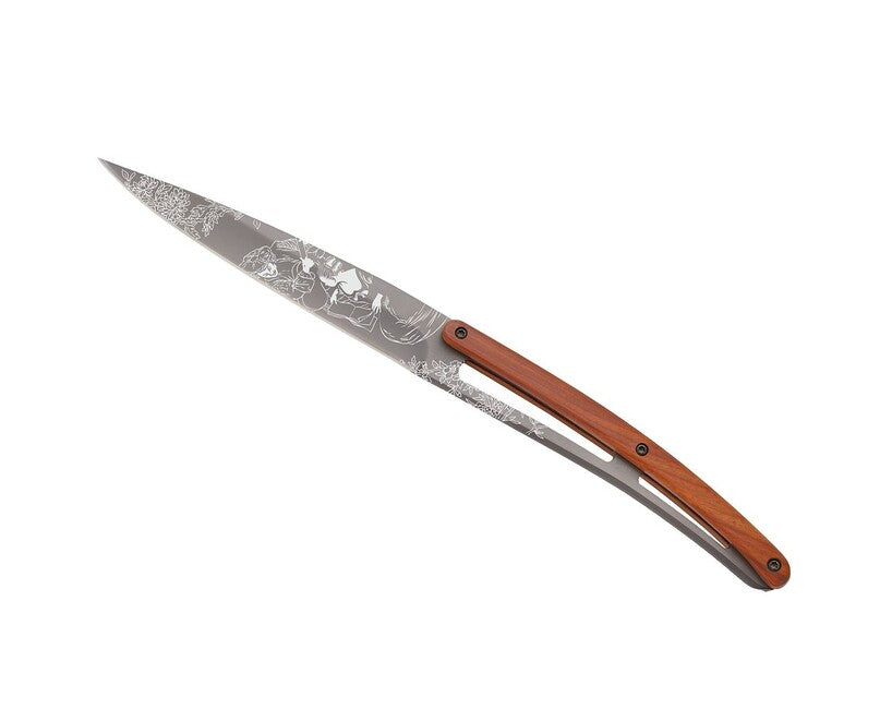 Deejo Tattoo Steak Knives Set, Light Grey Surface, Coralwood, Toile de Jouy