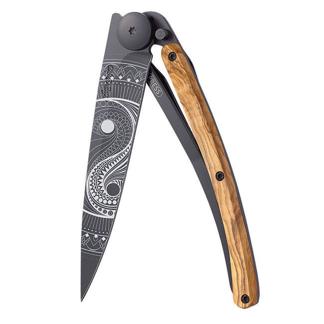 Deejo Tattoo Folding Knife, Black, Olive Wood, Yin Yang