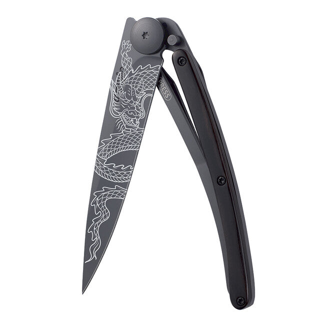 Deejo Black Tattoo Folding Knife, Ebony Wood, Japanese Dragon