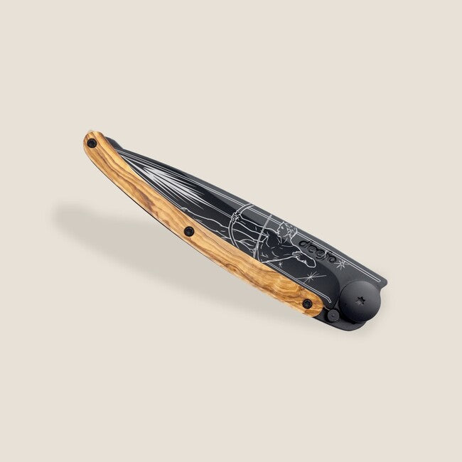 Deejo Tattoo Folding Knife, Black, Olive Wood, Sagittarius