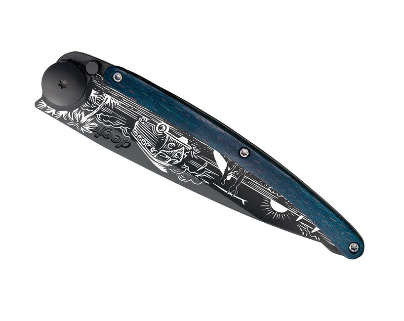 Deejo Tattoo Van Life Folding Knife, Black Blue Beech