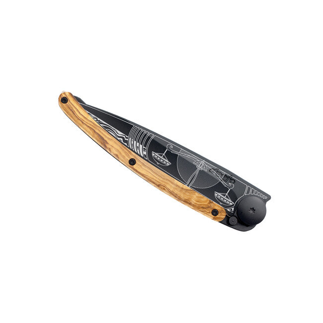 Deejo Tattoo Folding Knife, Black Olive Wood, Libra