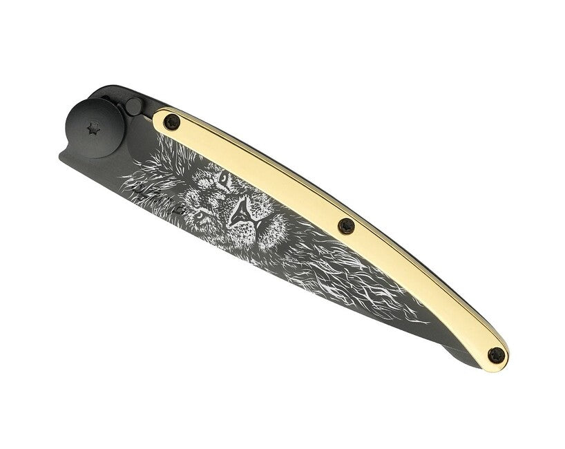 Deejo Tattoo 23kt Yellow Gold Lion Folding Knife, Gold