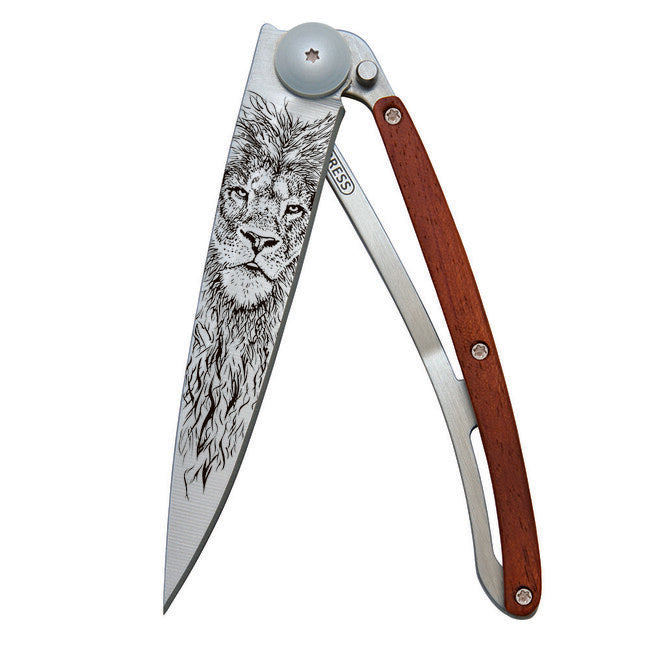 Deejo Tattoo Lion Folding Knife, Coralwood