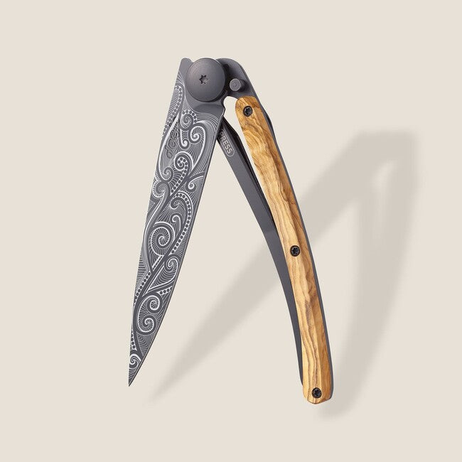 Deejo Black Tattoo Folding Knife, Olive Wood, Pacific