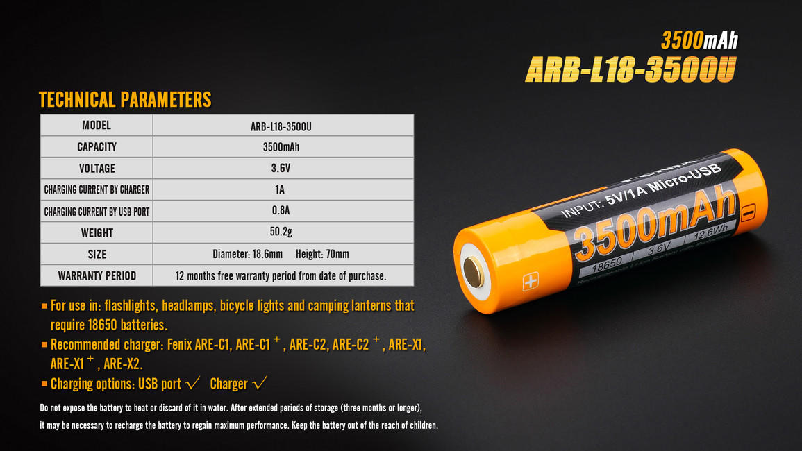 Fenix 18650, 3500 mAh, Li-Ion