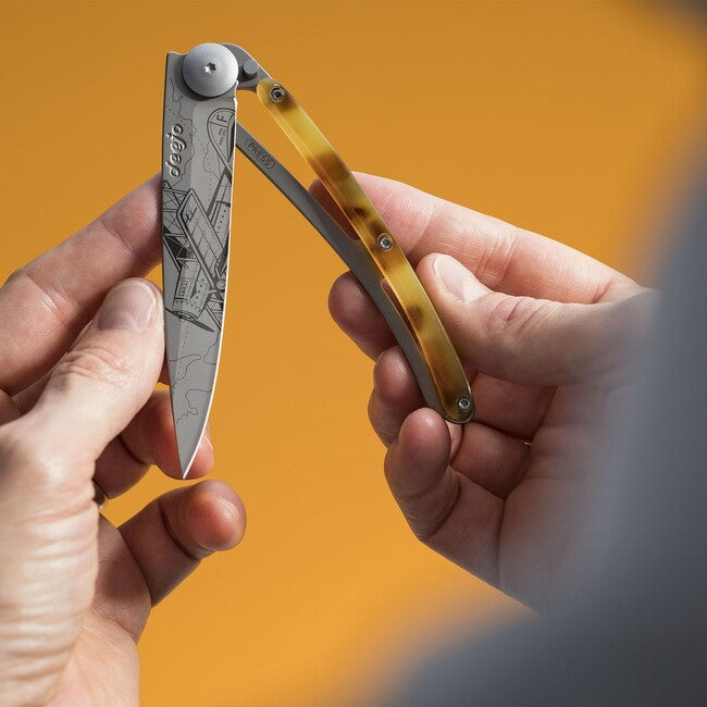 Deejo Tattoo Turtle Mirror Folding Knife, Aviation Turtle Shell