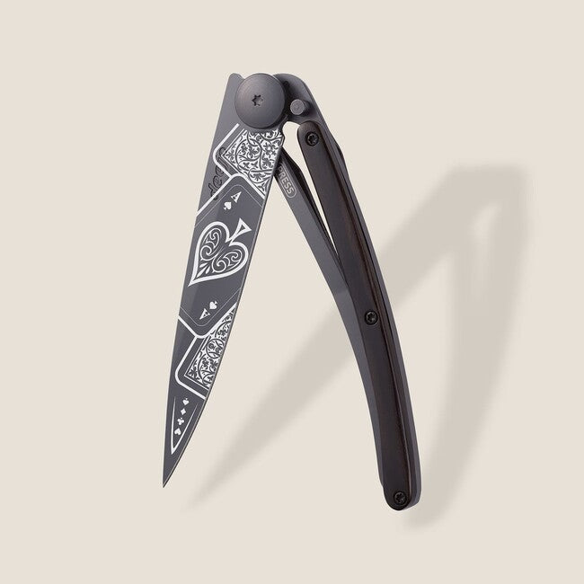 Deejo Black Tattoo Biker Folding Knife, Ebony Wood