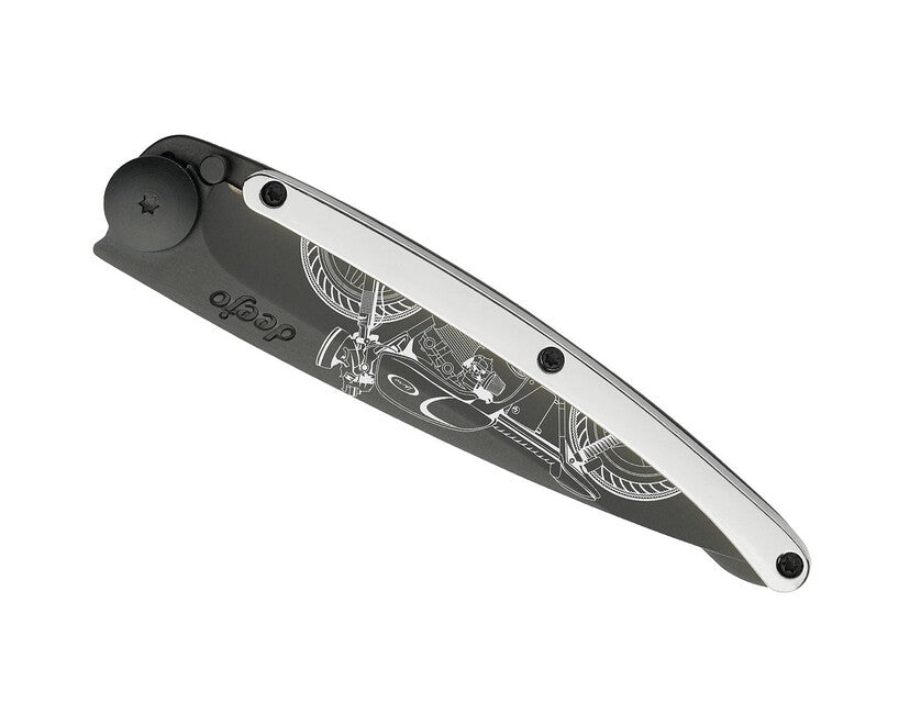Deejo Folding Knife GOLD Tattoo 9kt White Gold Cafe Racer