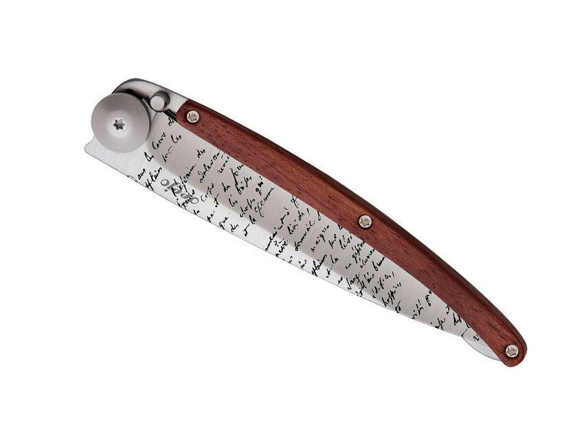 Deejo Tattoo Folding Knife, Coralwood Manuscript