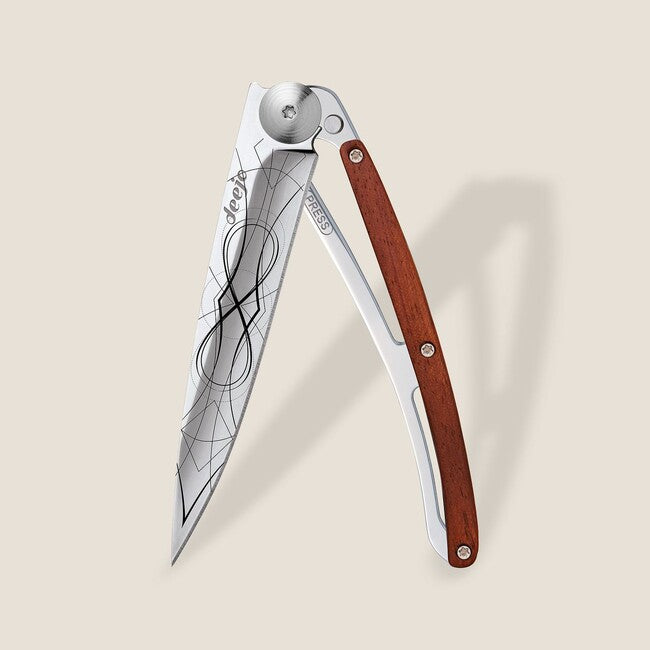 Deejo Tattoo Mirror Folding Knife, Coralwood Infinity
