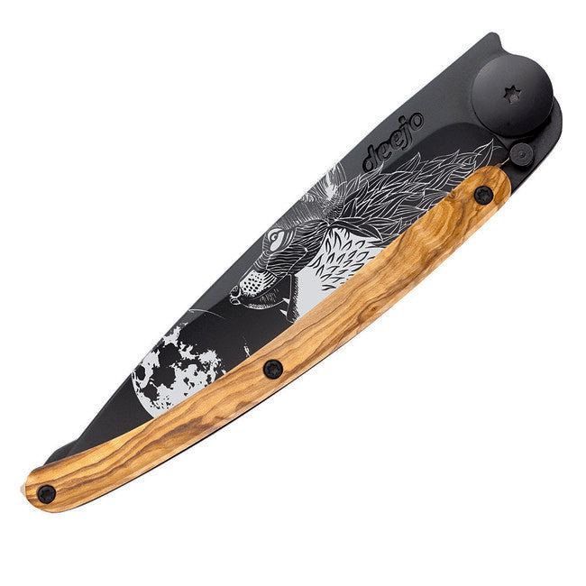 Deejo Howling schließmesser, schwarzes tattoo, olive wood
