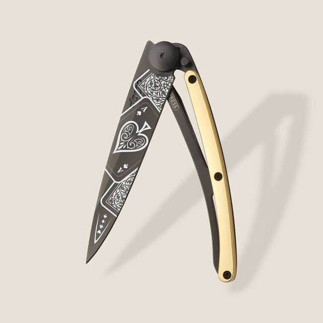 Deejo GOLD Tattoo Folding Knife, 23kt Yellow Gold, Good Luck