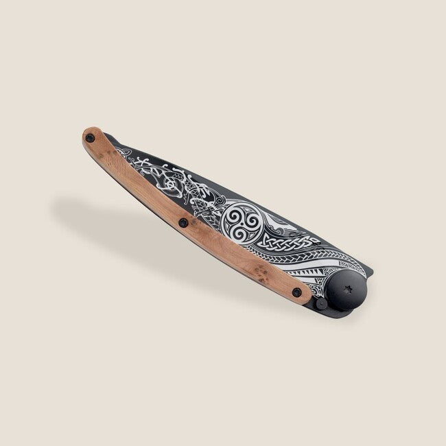 Deejo Tattoo Folding Knife, Black Juniper Wood, Celtic