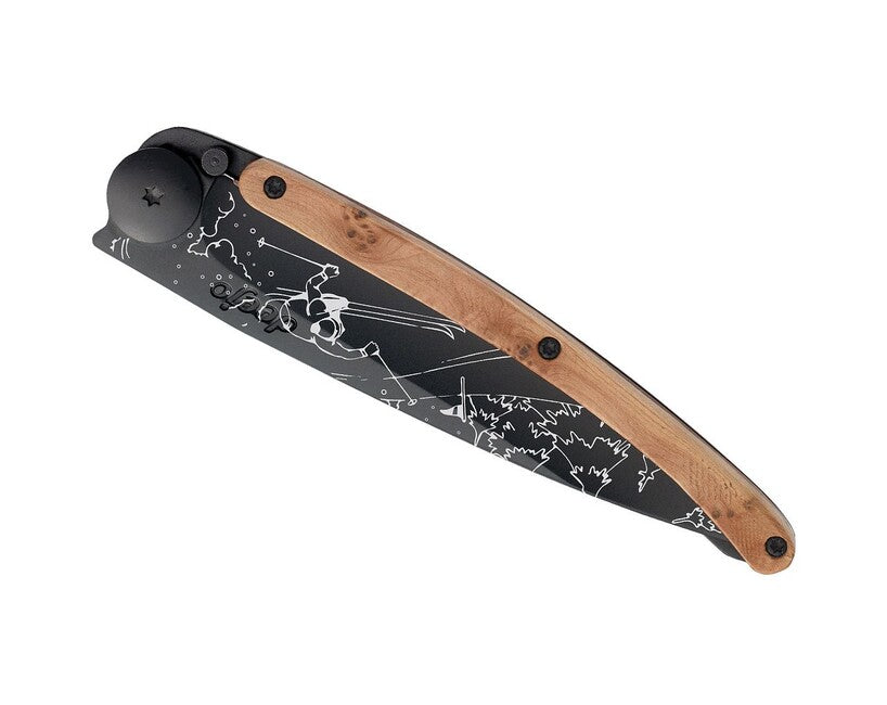 Deejo Tattoo Folding Knife, Black Juniper Wood, Ski