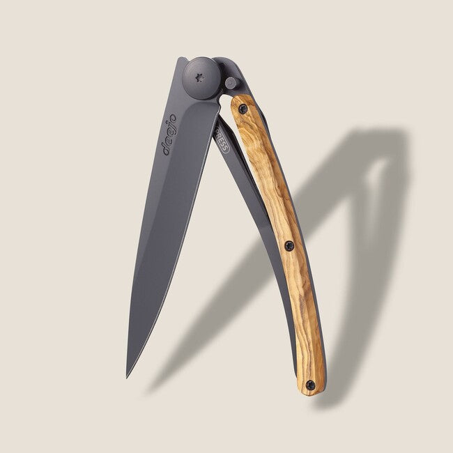 Deejo Folding Knife, Olive Wood, Black
