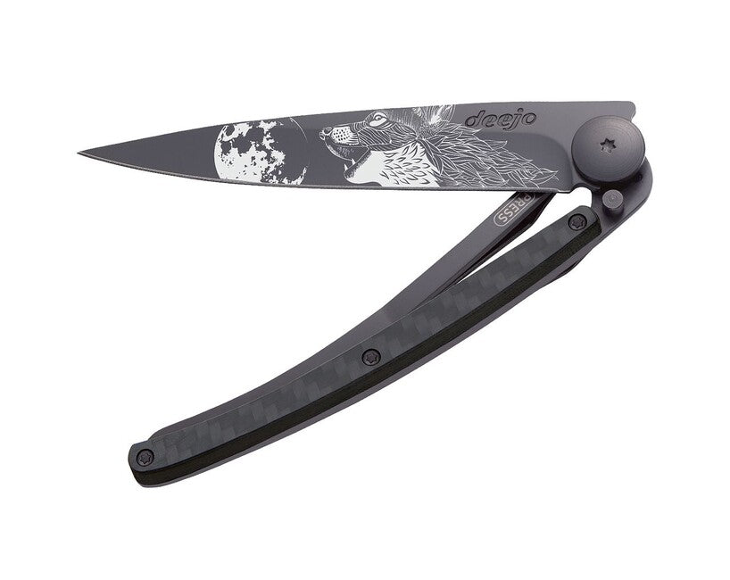 Deejo Tattoo Folding Knife, Black Carbon Howling