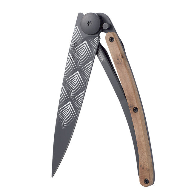 Deejo Black Tattoo Juniper Wood Folding Knife Art Déco