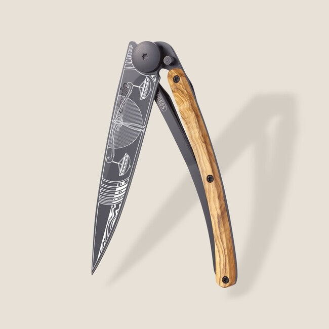 Deejo Tattoo Folding Knife, Black Olive Wood, Libra