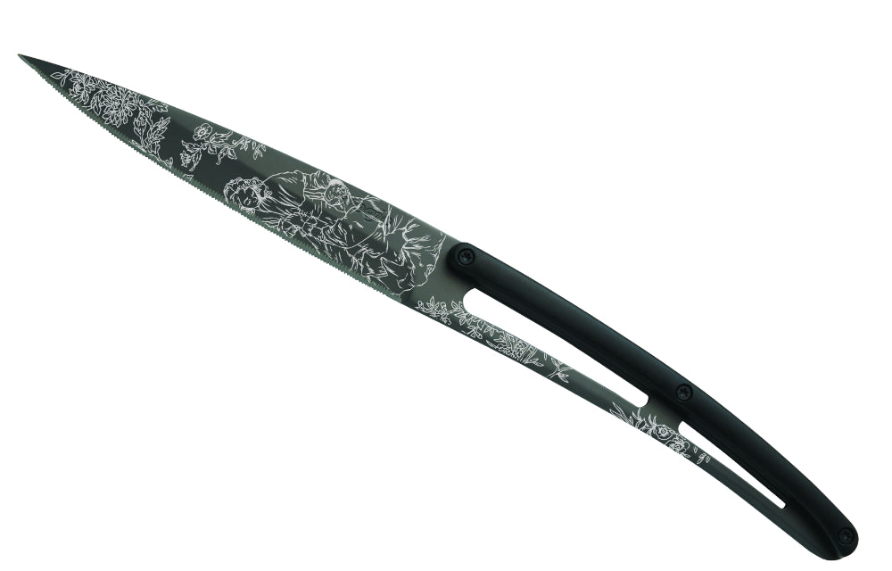 Deejo Set of 6 Steak Knives, Black Titanium Blade, Serrated Edge, Black ABS Handle, Toile de Jouy Design