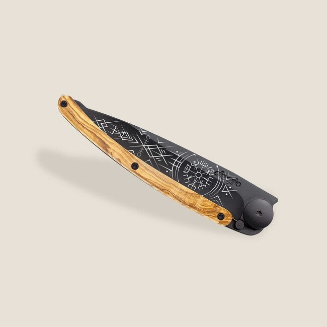 Deejo Tattoo Folding Knife, Black Olive Wood, Viking Vegvisir