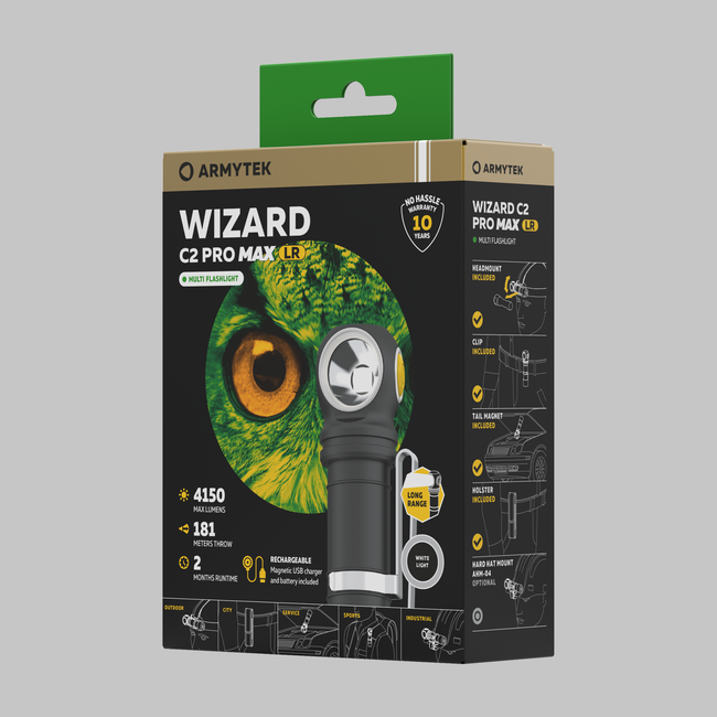 Armytek Wizard C2 Pro Max LR White LED Pocket Flashlight with Belt Clip, Pouch, Battery Powered, 4150 lm