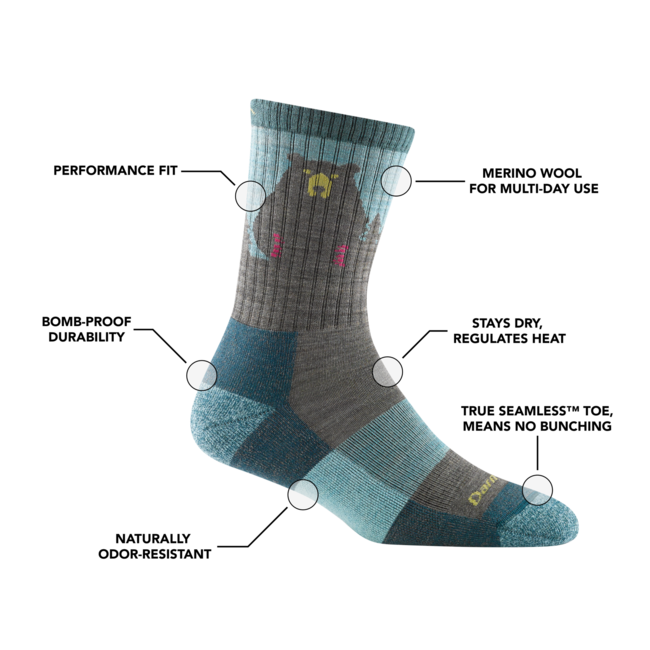 Darn Tough Bear Town Micro Crew Socks, Aqua, Lightweight with Cushioning
