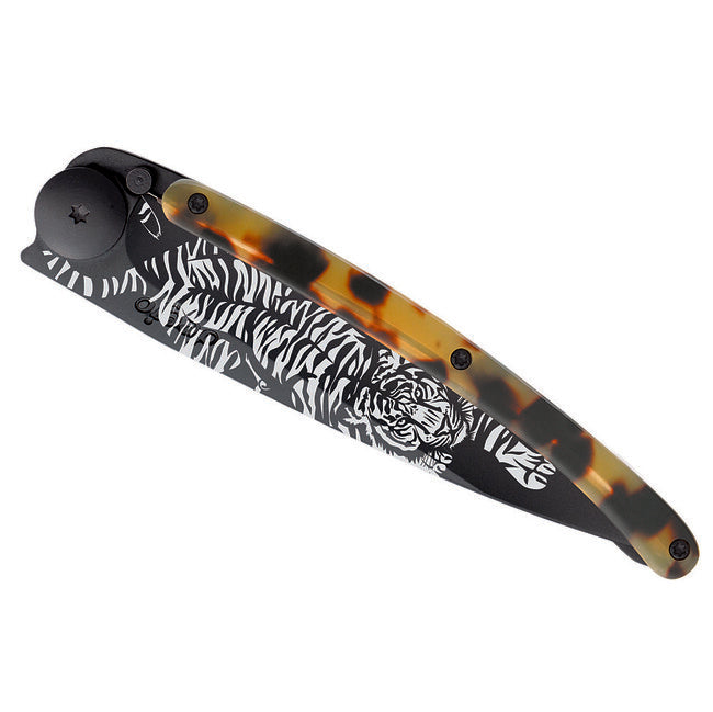 Deejo Tattoo Turtle Folding Knife, Black Turtle Shell Tiger