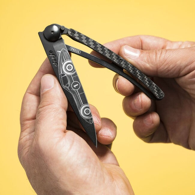 Deejo Tattoo Black Carbon Racing Car Folding Knife