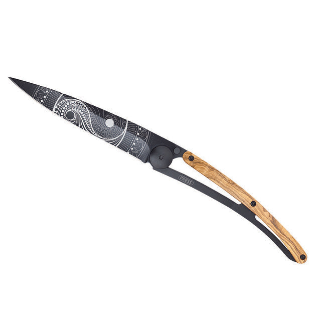 Deejo Tattoo Folding Knife, Black, Olive Wood, Yin Yang