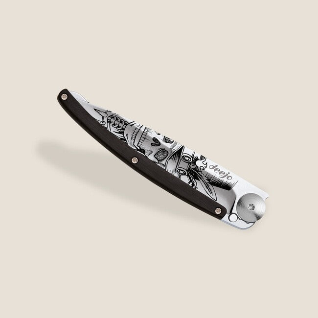 Deejo Tattoo Mirror Folding Knife, Ebony Wood, Dandy Skull