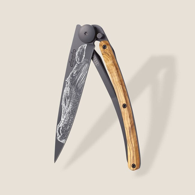 Deejo Black Tattoo Folding Knife, Olive Wood