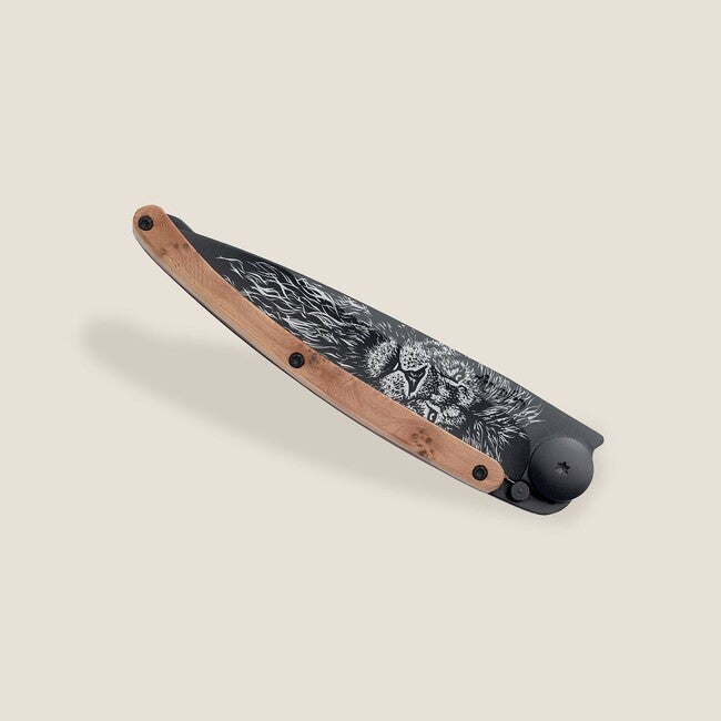 Deejo Tattoo Folding Knife, Black Juniper, Lion