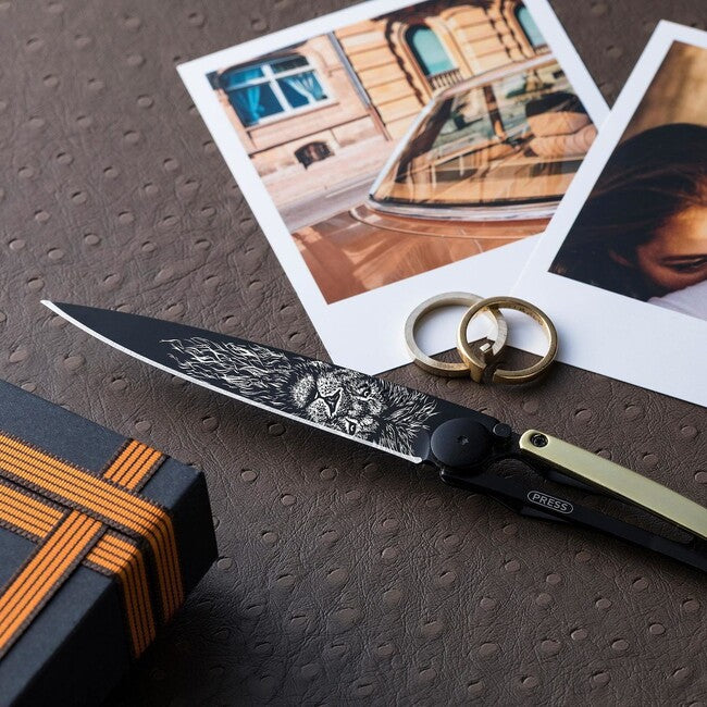 Deejo Tattoo 23kt Yellow Gold Lion Folding Knife, Gold