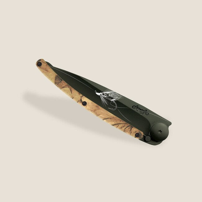 Deejo Tattoo Folding Knife, Black Brown Camo, Silver Wilkinson