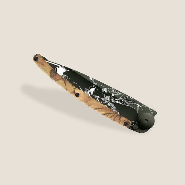 Deejo Tattoo Folding Knife, Black Brown Camo, Deer