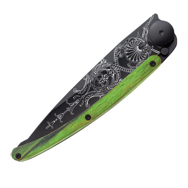 Deejo Black Tattoo Folding Knife, Green Beech Versailles