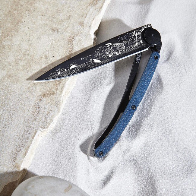 Deejo Tattoo Van Life Folding Knife, Black Blue Beech