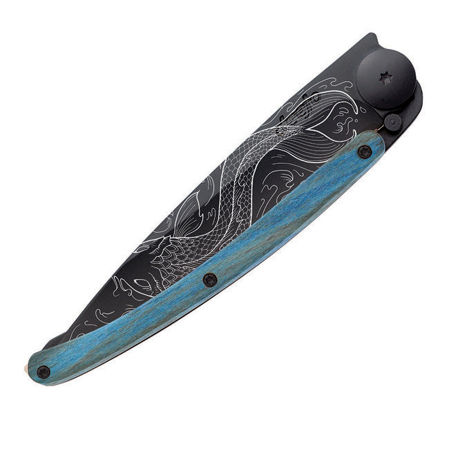 Deejo Schließmesser schwarzes Tattoo blaue Buche Fisch